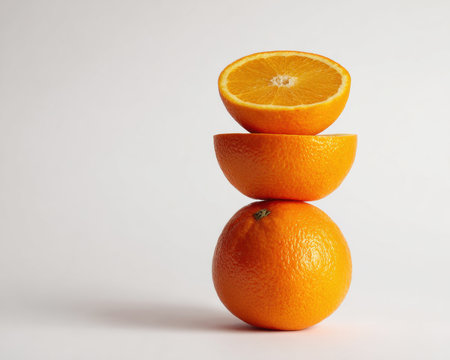 A stunning composition of stacked fresh oranges, showcasing a whole orange and two sliced halves against a minimalist white backdrop. Perfect for food photography and healthy lifestyle themes.の写真素材