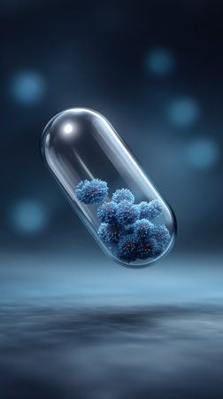 A captivating 3D rendering of blue microbes encapsulated in a transparent capsule, symbolizing the intersection of science and healthcare in a sophisticated environment.の写真素材