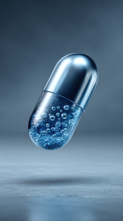 A striking futuristic capsule filled with bubbles, symbolizing health and wellness. Ideal for concepts related to modern medicine and innovative treatments.の写真素材