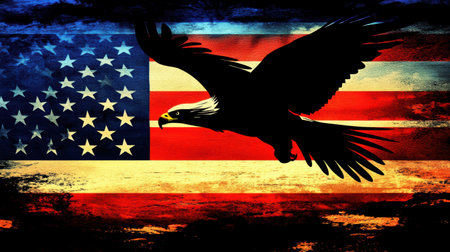 A striking silhouette of an eagle in flight overlays a vibrant American flag, symbolizing freedom and strength. Perfect for patriotic themes and artistic projects.の写真素材