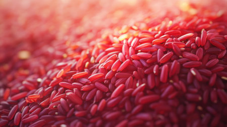 Close-up view of vibrant red rice grains piled together, showcasing their unique texture and color in natural light. Perfect for food-related projects.の写真素材