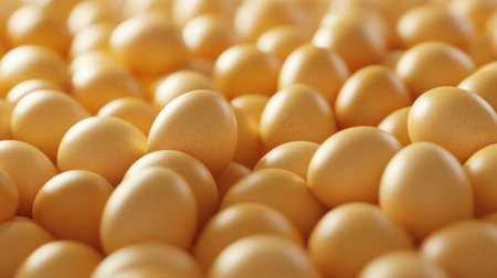A close-up view showcasing a multitude of fresh yellow eggs stacked together, highlighting their...