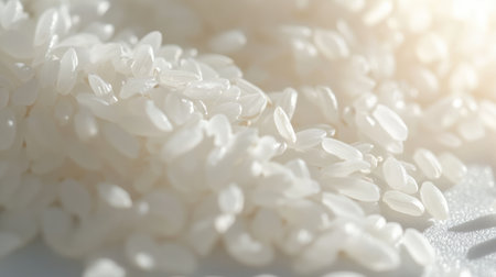 A close-up view of raw white rice grains showcasing their smooth texture and natural shine. Ideal for cooking, nutrition, and culinary presentations.の写真素材