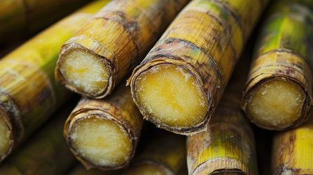 Close-up view of fresh sugarcane sticks showcasing their vibrant yellow and green textures. Ideal for topics related to agriculture, health, and nature.の写真素材