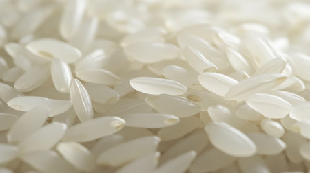A detailed close-up view of raw white rice grains spread over a soft background, showcasing their smooth texture and natural beauty, ideal for culinary projects.の写真素材