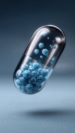 This image depicts a transparent floating capsule filled with vibrant blue particles against a softly blurred background, representing health and innovation in modern medicine.の写真素材