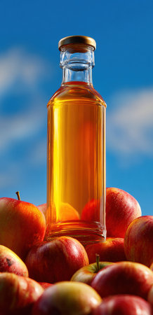 A vibrant bottle of fresh apple juice sits among ripe apples under a clear blue sky. This scene captures the essence of healthy living and natural ingredients.の写真素材
