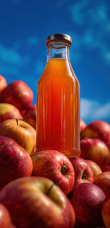 A clear bottle filled with fresh apple juice stands proudly among vibrant red apples. This captivating image showcases the essence of natural beverages and healthy living.の写真素材