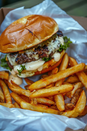 An enticing hamburger featuring juicy beef, fresh lettuce, and cheese, accompanied by golden crispy fries, perfect for a satisfying meal or snack.の写真素材