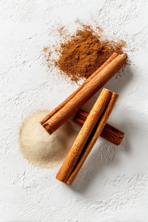 Experience the rich textures and colors of cinnamon sticks and powder displayed on a clean white background, perfect for culinary and wellness themes.の写真素材