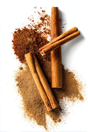 A visually appealing arrangement of cinnamon sticks and spice powder, perfect for culinary projects. Ideal for showcasing flavorful ingredients and healthy cooking.の写真素材