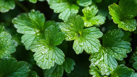 Close-up view of fresh green mint leaves glistening with dew drops in a natural setting, showcasing...