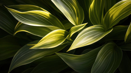 Close-up of vibrant green leaves featuring striking yellow highlights, beautifully illuminated by soft light, creating an artistic nature scene full of tranquility.の写真素材