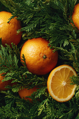 A vibrant arrangement of fresh oranges nestled among green leaves, showcasing their natural beauty. Perfect for food enthusiasts and healthy lifestyle themes.の写真素材