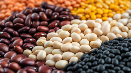 A vibrant collection of various dry beans and legumes showcasing their textures and colors, perfect for culinary uses, healthy diets, and raw ingredient photography.の写真素材