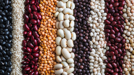 A vibrant display of assorted dried legumes and beans showcases a colorful palette. Ideal for themes of nutrition, organic food, cooking, and healthy eating.の写真素材