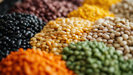 A vibrant display of various dried beans and grains showcases their natural textures and colors....
