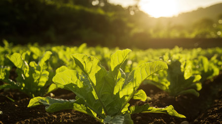 Vibrant green lettuce leaves basking in warm sunlight showcase the beauty of organic gardening. This...