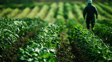 A dedicated farmer walks through lush rows of green crops in a vibrant agricultural field,...