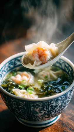 A steaming bowl of shrimp dumpling soup, showcasing fresh ingredients, green onions, and aromatic broth, perfect for a comforting meal experience.の写真素材