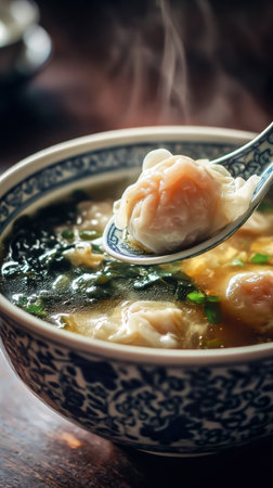 A cozy bowl of wonton soup featuring tender dumplings and vibrant herbs. The steaming broth showcases the harmony of flavors in this comforting dish.の写真素材