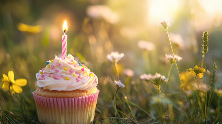 A charming cupcake with a candle sits in a lush green field filled with delicate flowers, capturing the essence of joyful celebrations in nature's embrace.の写真素材