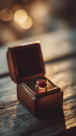 A stunning red gem ring rests in a vintage wooden box, showcasing intricate craftsmanship and...