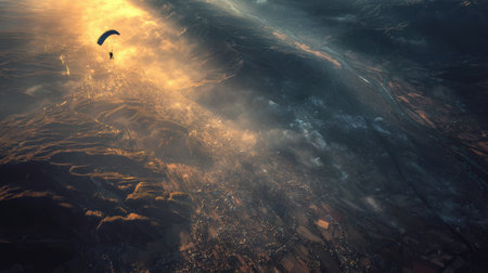 A stunning aerial view of a lone paraglider soaring above a golden landscape at sunset. This image captures the thrill of adventure and the beauty of nature.の写真素材