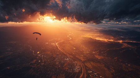 A lone paraglider glides through the vibrant sunset sky, showcasing thrilling adventure amidst stunning landscapes and dramatic clouds. Experience the beauty of nature and freedom.の写真素材