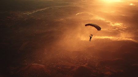 A thrilling aerial view of a solo skydiver descending gracefully towards a scenic landscape during sunset, with soft clouds glowing in warm hues.の写真素材