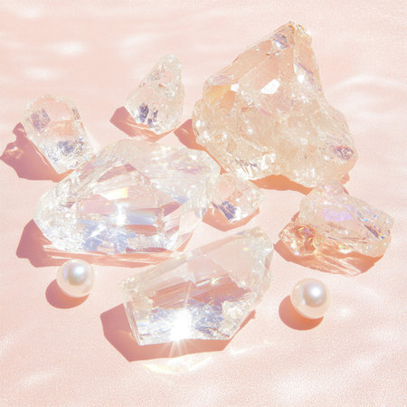 A stunning display of sparkling crystals and elegant pearls on a soft pink background, ideal for...