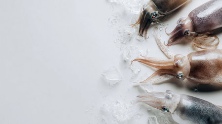 High-quality image of freshly caught squid displayed on ice, perfect for culinary use. Ideal for...