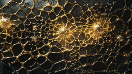Explore this captivating abstract image featuring intricate golden patterns and cellular forms...