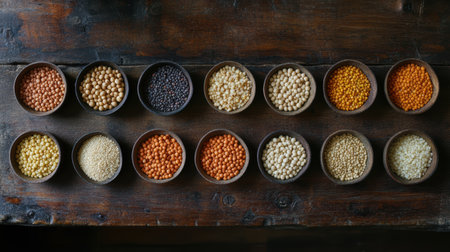 A beautiful arrangement of assorted lentils and grains displayed in wooden bowls on a rustic wooden...