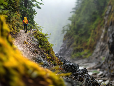 A solitary hiker navigates a rocky trail surrounded by lush greenery in this atmospheric foggy...
