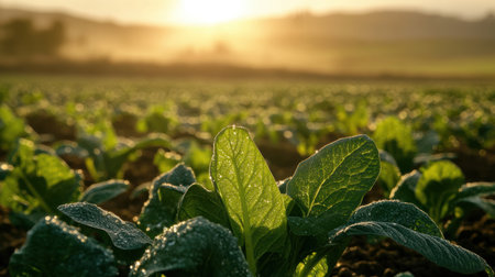 A serene view of green leaves in an agricultural field, glistening with dew under the warm sunlight...