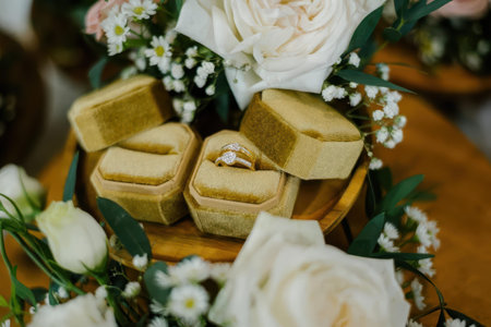 Diamond Wedding Rings in Gold Velvet Hexagon Box with White Roses