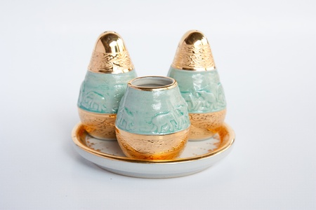 Thai style tableware isolated on white backgroundの写真素材