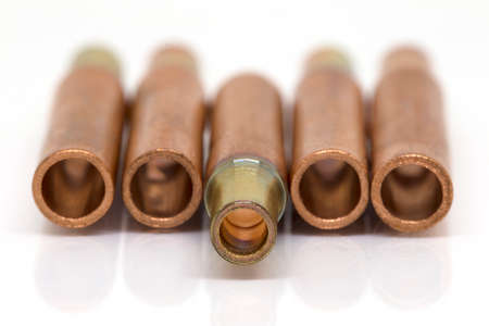 Copper connection pipe of Air-conditioner or Refrigerant system, bfore bazing or welding about Air-conditioner or Refrigerant system. Isolate photo on white background and selective focus.の写真素材