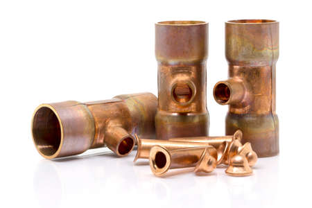 T-joint connection pipe of Air-conditioner or Refrigerant system, bfore bazing or welding for design piping system about Air-conditioner or Refrigerant system. Isolate photo on white background.の写真素材