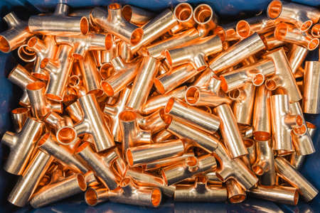 T-joint coppers, Joint coppers in the box.Accessory of refrigeration piping systemの写真素材