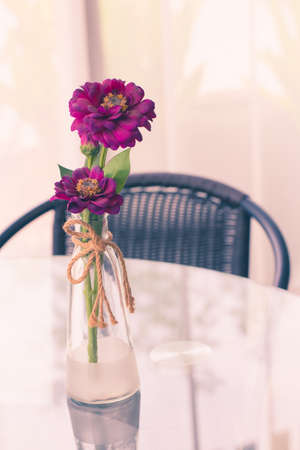 beautiful magenta flowers in glass vase on table. Valentine gift concept.の写真素材