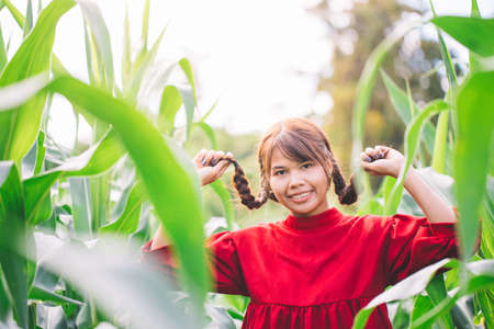 Young Women braided hair wearing a red shirt standing in a cornfield. Hipster concept.の写真素材