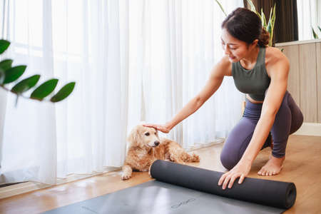 young Asia woman unrolling roll black yoga mat for playing yoga with her dog at home for quarantine herself from Covid-19, New normal lifestyle conceptの写真素材