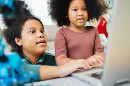Two African American girls have fun working together while studying online using computers at home.の写真素材