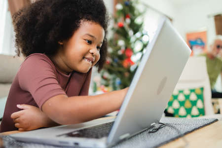 African American girl have fun working together while studying online using computers at home.の写真素材