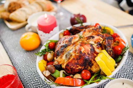 Homemade roasted Turkeys for Thanksgiving with spice on the table. Merry Christmas.の写真素材