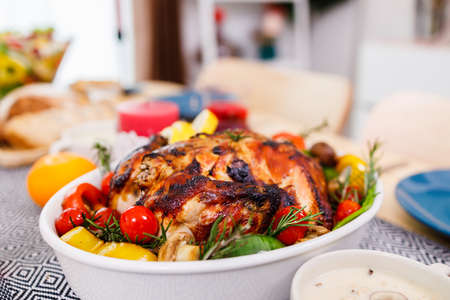 Homemade roasted Turkeys for Thanksgiving with spice on the table. Merry Christmas.の写真素材