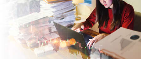Stressed businesswoman work overtime doing deadline projects. Business graphic and banner concept