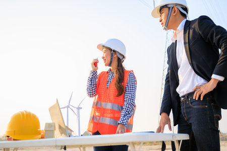 Two engineers conversing about construction projectの写真素材